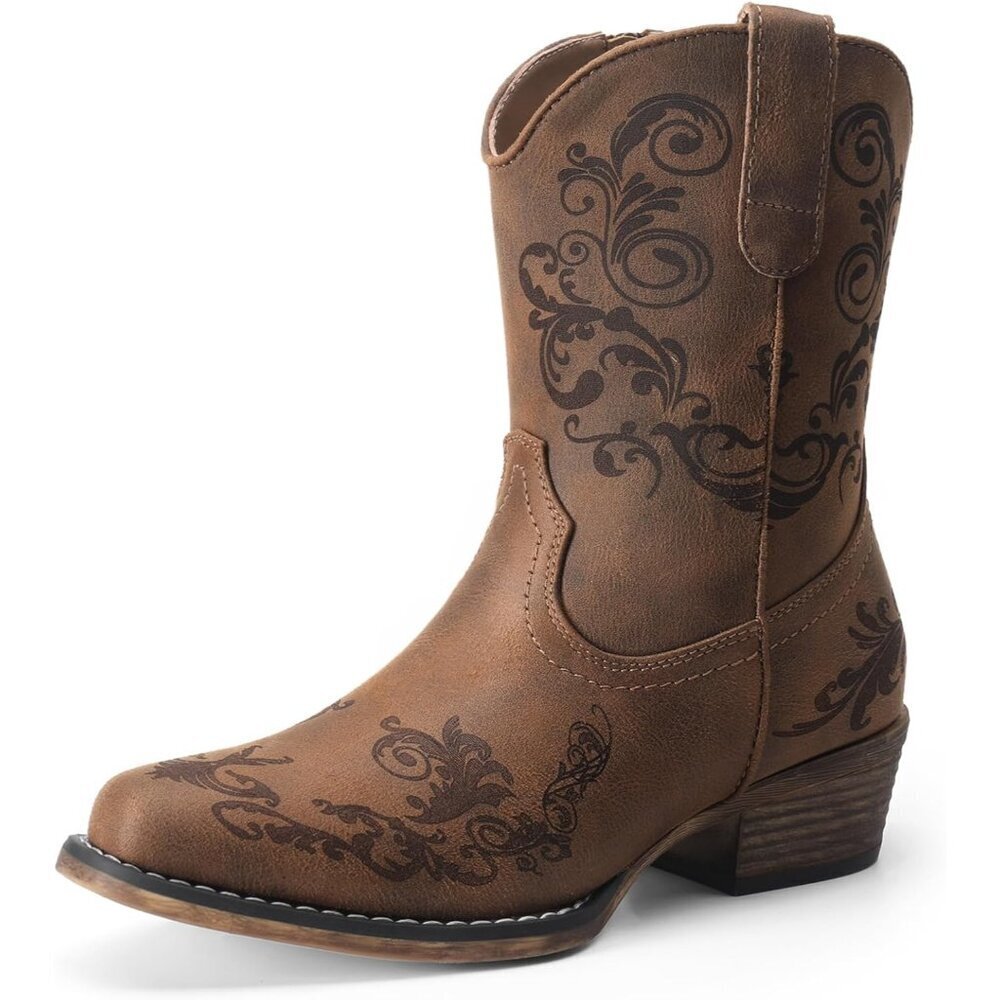 Womens Tan Western Cowboy Cowgirl Ankle Boots Low Chunky Heels Square Toe